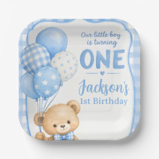 Plato De Papel Acuarela Cumpleaños uno Osito A cuadros azul