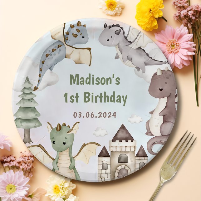 Plato De Papel Acuarela Cute Dragon Birday (Subido por el creador)