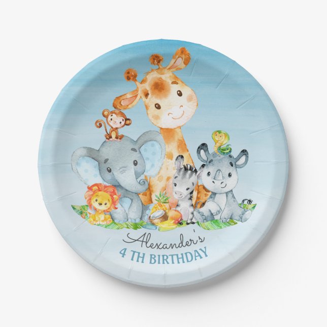 Plato De Papel Acuarela Cute Safari Jungle Animales Cumpleaños (Anverso)