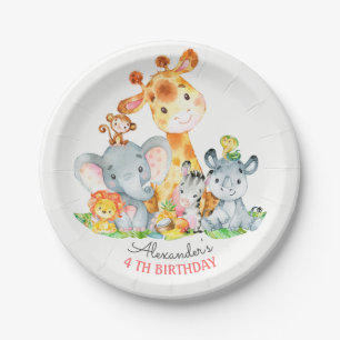 Plato De Papel Acuarela Cute Safari Jungle Animales Cumpleaños