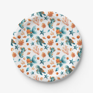 Plato De Papel Acuarela Cute Sea Animals Patrón oceánico festivo