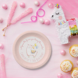 Plato De Papel Acuarela de alpaca con globo de cumpleaños rosa su