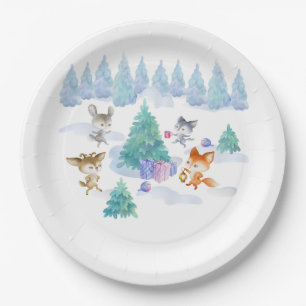 Plato De Papel Acuarela de animales de bosque bailando