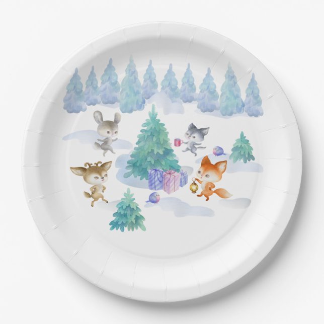 Plato De Papel Acuarela de animales de bosque bailando (Anverso)