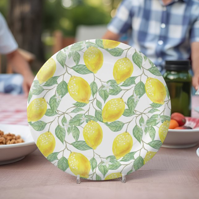 Plato De Papel Acuarela de árbol de limón Citrus amarillo fresco  (Lemon tree paper plates cheerful Summer botanical watercolor for outdoor party, picnic and BBQ)