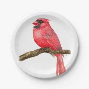 Plato De Papel acuarela de ave cardinal