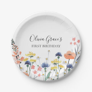 Plato De Papel acuarela de flores silvestres primer cumpleaños