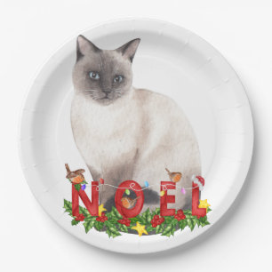 Plato De Papel Acuarela de gato siamesa para navidades 