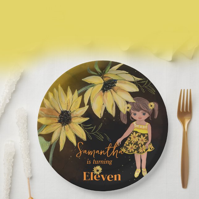 Plato De Papel Acuarela de girasol Quinto Chica Nacimiento Negro (Sunflower Watercolor Fifth Girl Black Birthday Paper Plates)