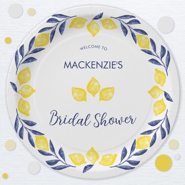 Plato De Papel Acuarela de limón Bridal Shower Personalizada (Blue, yellow and white watercolor lemon personalized bridal shower paper plates)