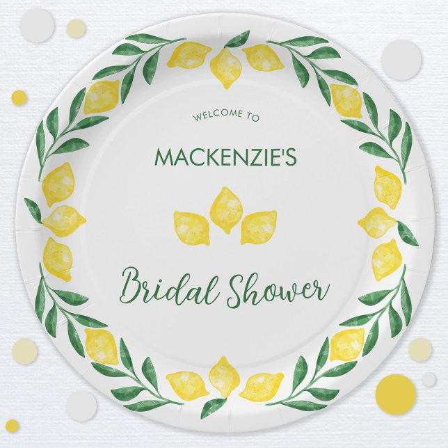 Plato De Papel Acuarela de limón Bridal Shower Personalizada (Green, yellow and white watercolor lemon personalized bridal shower celebration paper plates)