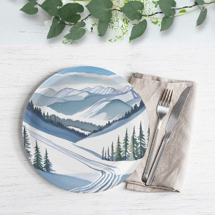 Plato De Papel Acuarela de Montaña de Esquí