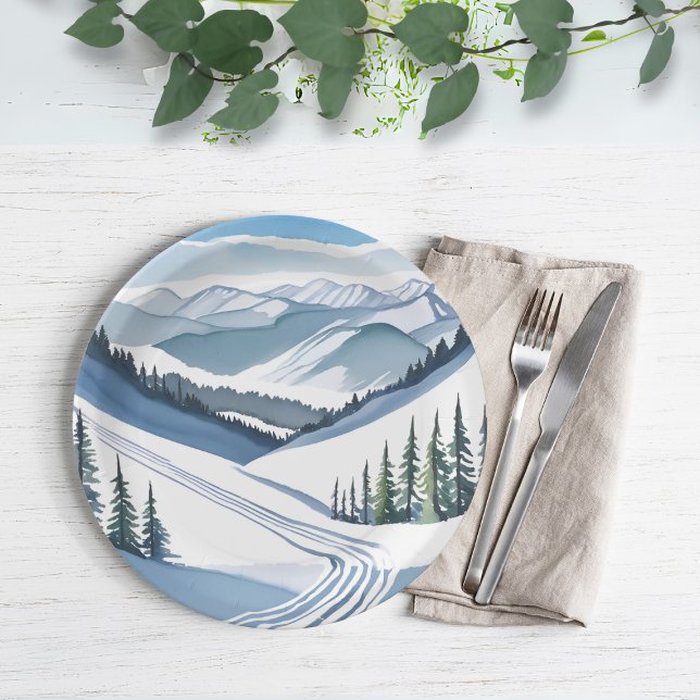 Plato De Papel Acuarela de montaña de esquí (Subido por el creador)