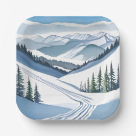 Plato De Papel Acuarela de Montaña de Esquí