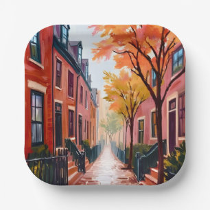 Plato De Papel Acuarela de otoño de Boston Beacon Hill Massachuse