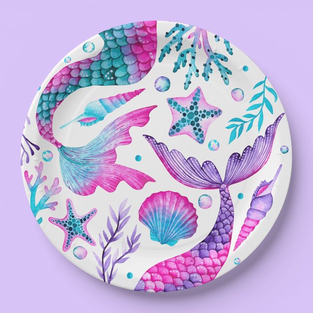 Plato De Papel Acuarela de Sirenas de Agua, conchas marinas y Sta (Watercolor Mermaids Tail, Sea Shells and Starfish Paper Plates)