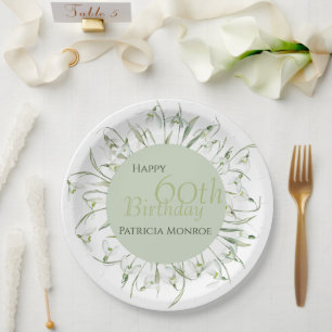 Plato De Papel Acuarela de Snowdrop para 60 cumpleaños Botánica V
