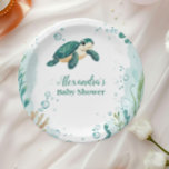 Plato De Papel Acuarela de tortuga marina de Baby Shower<br><div class="desc">Navegar en una aventura caprichosa en el océano con nuestra ballena acuarela bajo las placas de papel marino. Con un ilustracion sereno acuático de una ballena lúdica nadando a través de suaves olas oceánicas, rodeado de criaturas marinas como las estrellas de mar, los caballitos de mar y el coral, estos...</div>