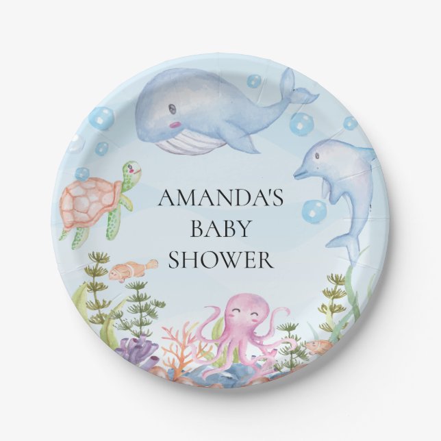 Plato De Papel Acuarela debajo del mar Baby Shower 7" placa (Anverso)