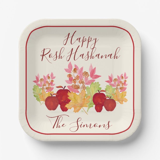 Plato De Papel Acuarela deja manzanas Rosh Hashanah (Anverso)