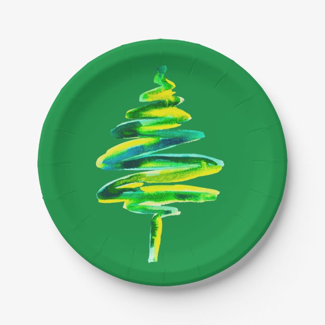 Plato De Papel acuarela del árbol de Navidad verde (Anverso)