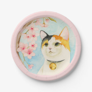 Plato De Papel Acuarela del gato y de la flor de cerezo de calic