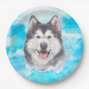 Plato De Papel Acuarela del mascota del perro del husky siberiano