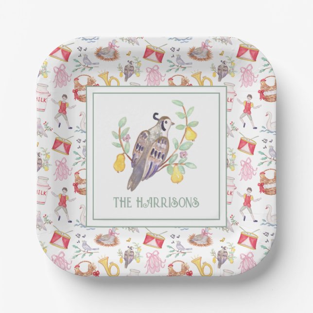 Plato De Papel Acuarela Doce días de Navidades personalizados (Anverso)