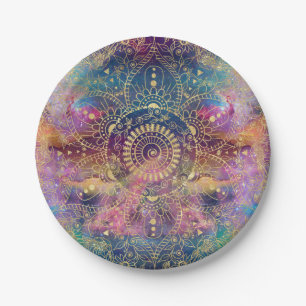Plato De Papel acuarela dorada y nebulosa mandala