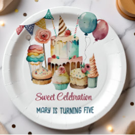Plato De Papel Acuarela Dulce celebración cumpleaños niños