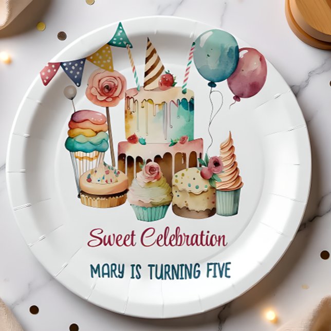 Plato De Papel Acuarela Dulce celebración cumpleaños niños (Subido por el creador)
