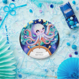 Plato De Papel Acuarela encantada Octopus Cumpleaños