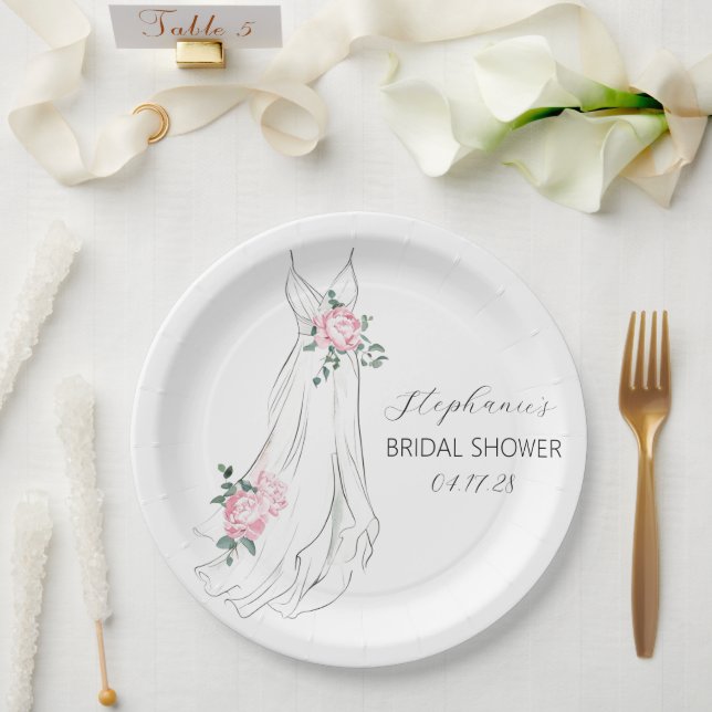 Plato De Papel Acuarela Eucalyptus Vestido Floral Ducha De Novias (Boda)