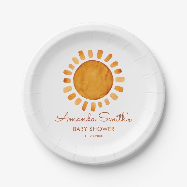 Plato De Papel Acuarela Feliz Baby Shower Amarillo Sunshine (Anverso)