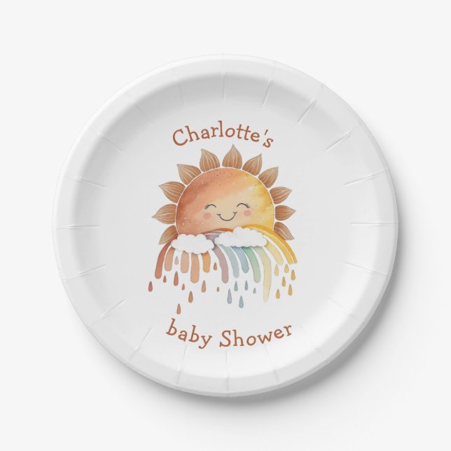Plato De Papel Acuarela Feliz Baby Shower Amarillo Sunshine (Anverso)