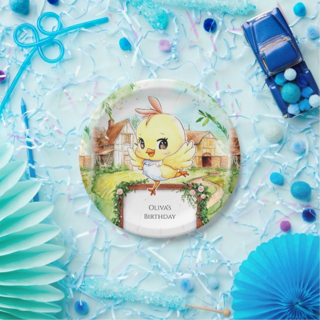 Plato De Papel Acuarela Feliz cumpleaños de pollo (Fiesta)