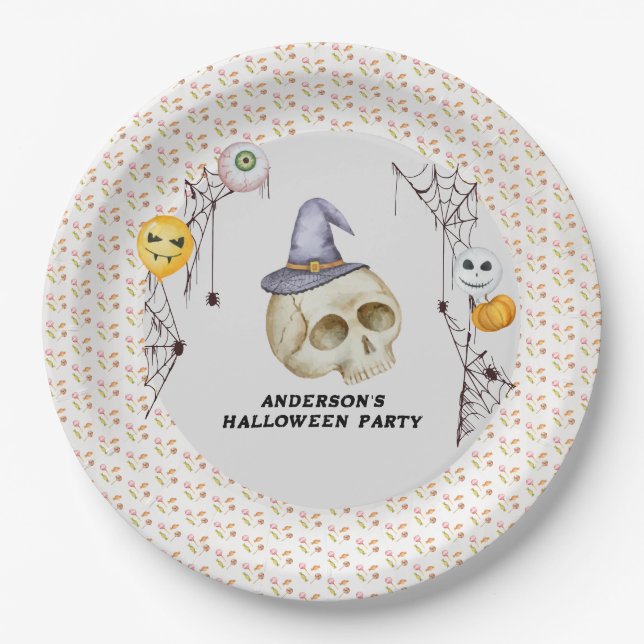 Plato De Papel Acuarela Fiesta de disfraces de Halloween (Anverso)
