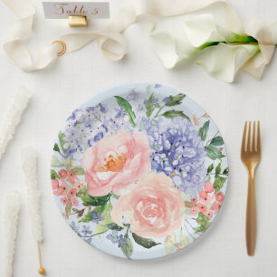 Plato De Papel Acuarela Floral Azul Rosa Hortensia Peonía Primave