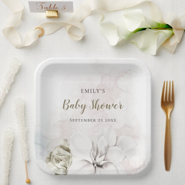 Plato De Papel Acuarela Floral blanca Gir o Boy Baby Shower (Boda)