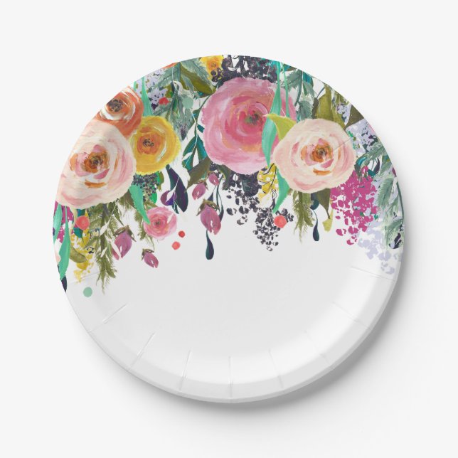 Plato De Papel Acuarela floral de jardín romántico (Anverso)