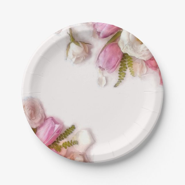 Plato De Papel Acuarela floral elegante de la primavera rosada y (Anverso)