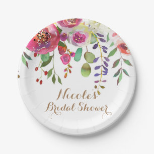 Plato De Papel Acuarela Floral Flores Moderno Colorido Boda