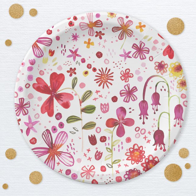 Plato De Papel Acuarela floral moderna (Watercolor wildflower pink and white paper party plate)