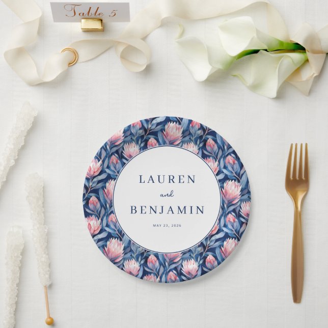 Plato De Papel Acuarela floral navy romántico (Boda)