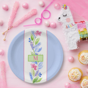 Plato De Papel Acuarela Floral Pastel Inicial NOMBRE
