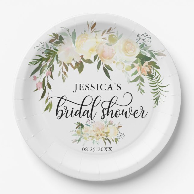 Plato De Papel Acuarela Floral Rosa Beige Marfil Ducha De Novias (Anverso)