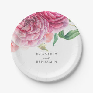 Plato De Papel Acuarela floral rosa Boda botánico elegante