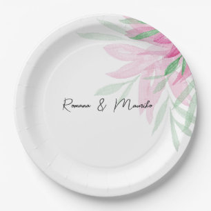 Plato De Papel Acuarela floral rosa minimalista pintada a mano