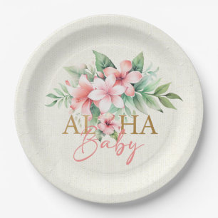Plato De Papel Acuarela Floral rosa tropical Aloha Baby Shower