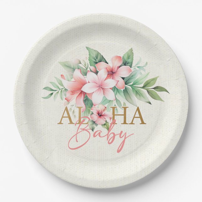 Plato De Papel Acuarela Floral rosa tropical Aloha Baby Shower (Anverso)
